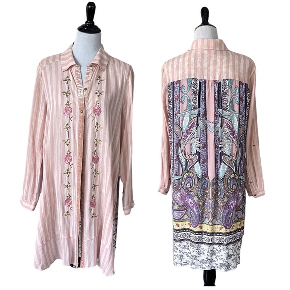 John Mark Tops - John Mark Mixed Media tunic embroidery linen blend roll tab sleeves Size L